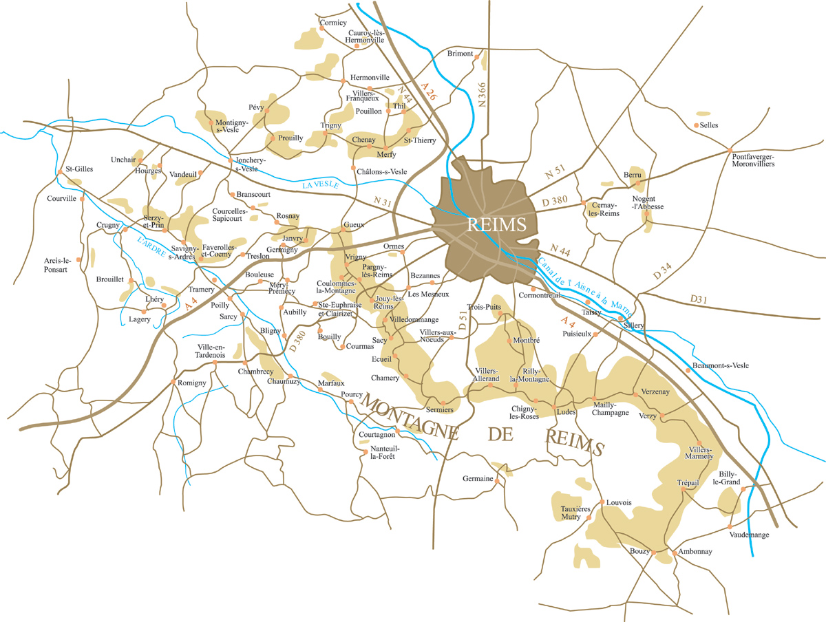 Carte administrative de la Montagne de Reims en Champagne